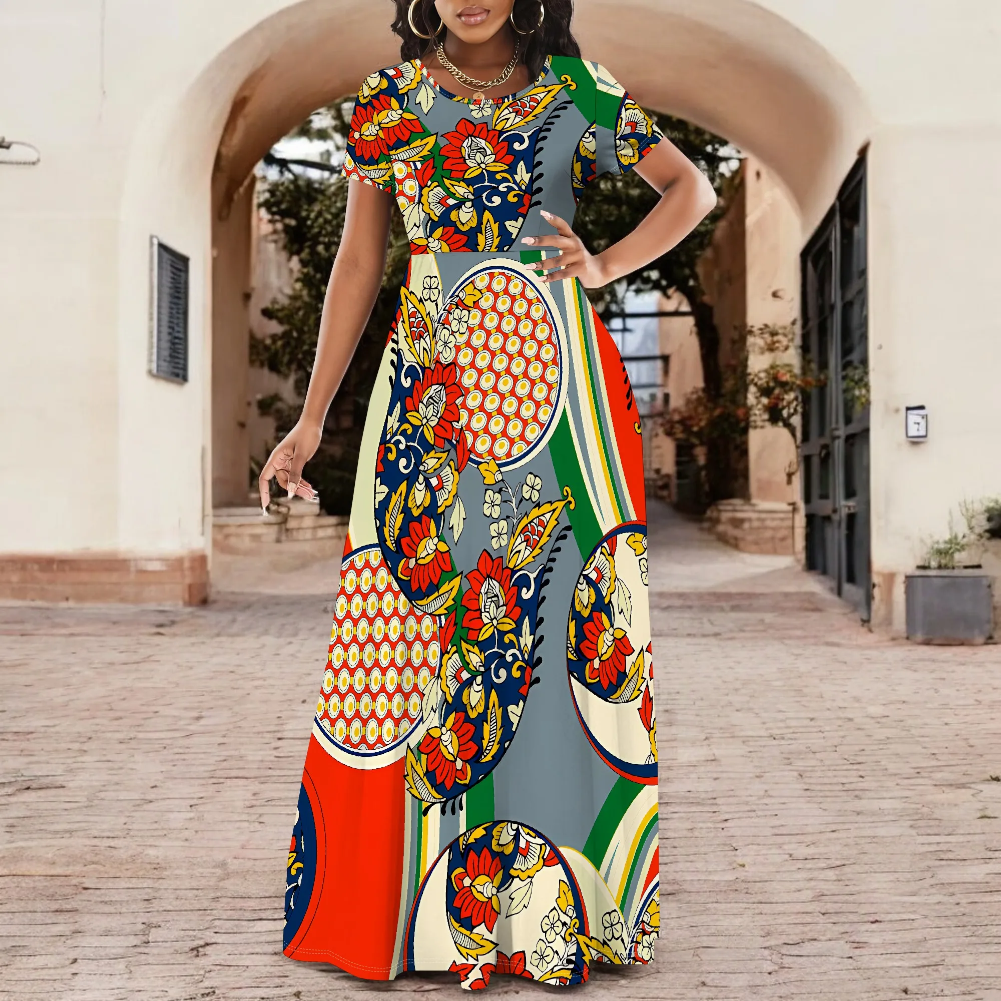

Women's Short Sleeve Neck Women and Bel Long Dress Fashion Printed Split Hem Club Party Casual Vacation Maxi Dress