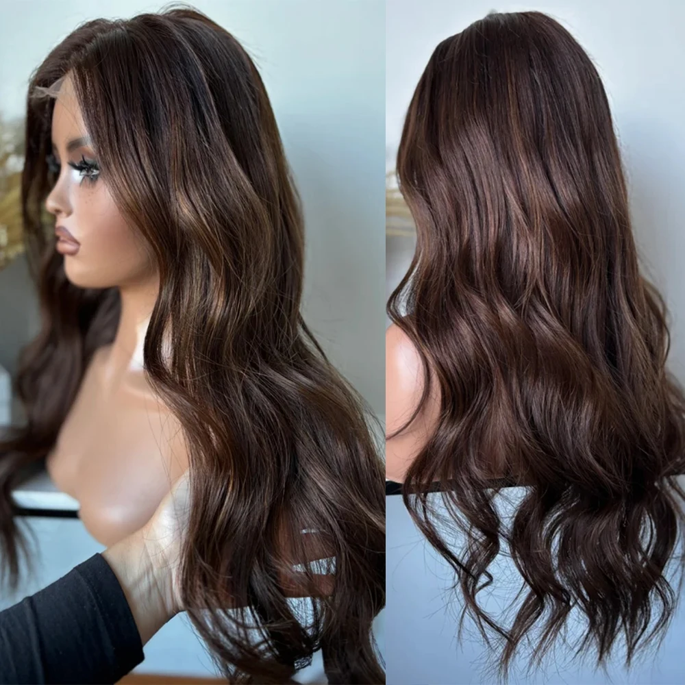 Brown Highlight Wig Long Body Wave Lace Front Wigs Glueless Synthetic High Quality PrePlucked Natural Hairline Brunette Wig