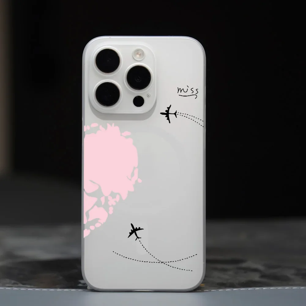 Pink Bule Love Art Airplane Couple Phone Case for iPhone 12 11 13 14 15 16 Max Pro Plus Magsafe Magnetic Wireless Cover