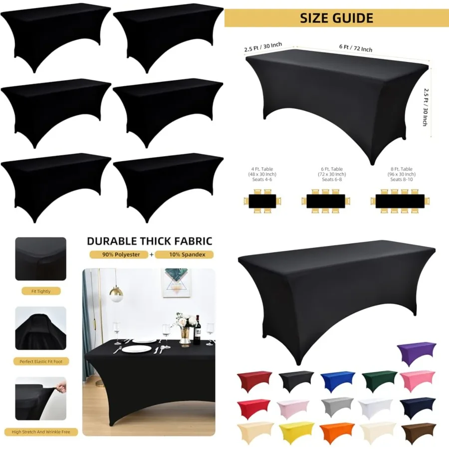 

6-Pack 6Feet Spandex Table Covers for Rectangle Standard Folding Tables - Wrinkle Resistant Stretch Tablecloths - Ultimate Fitt