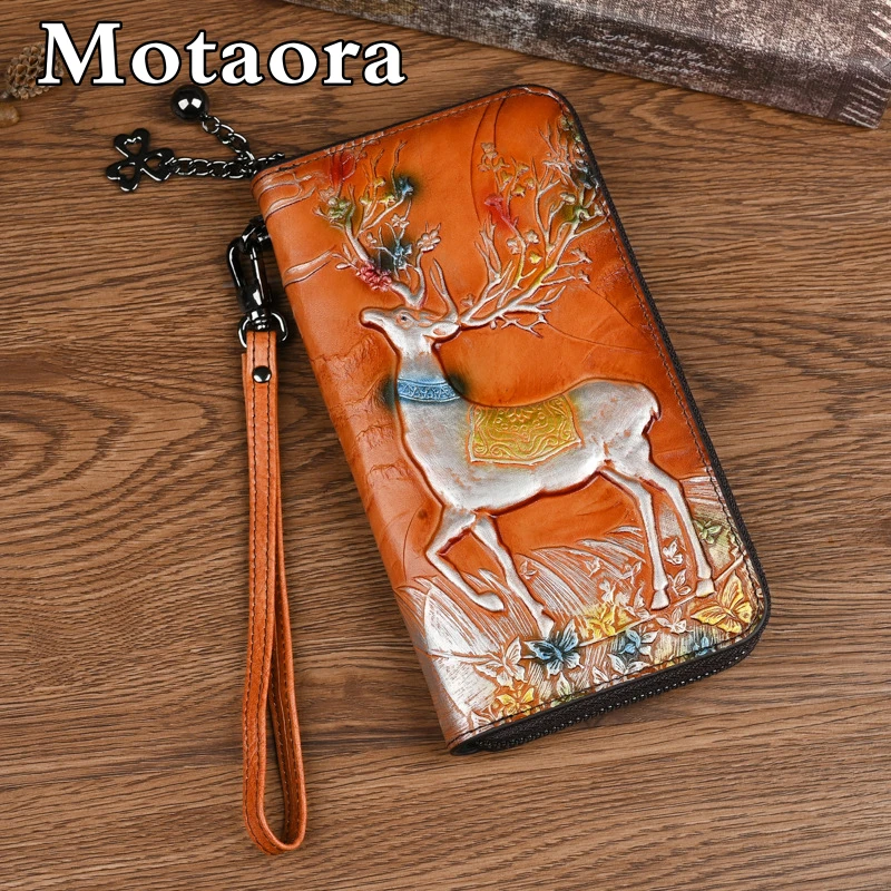 

MOTAORA Handmade Embossed Genuine Leather Women Wallets For Female Card Phone Bags Long Wallet Ladies Handheld Purse 2024 New