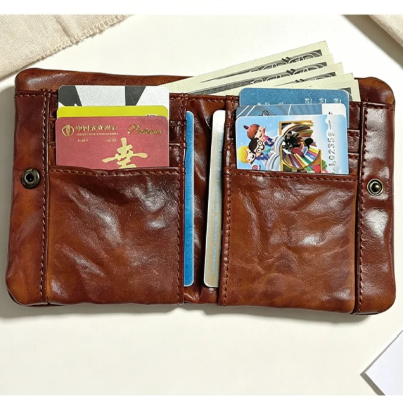 New Men's Bifold Genuine Leather Wallet with Snap Button Closure Multi Card Slots Zipper Coin Purse Vintage Short Wallet for Men