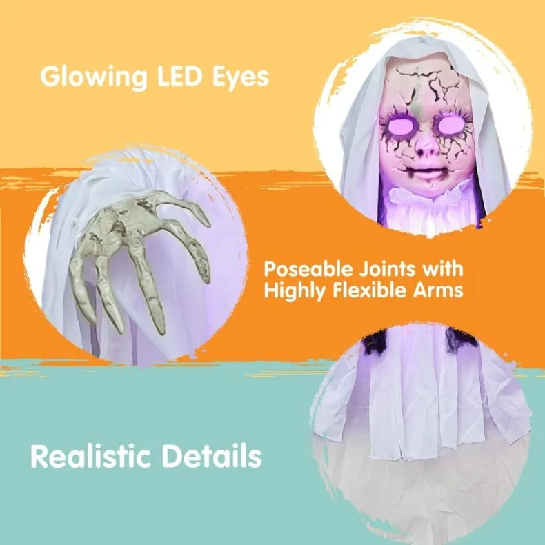Glowing Eyes, Scary Skeleton Hands, Poseable Joints, Realistic Details.