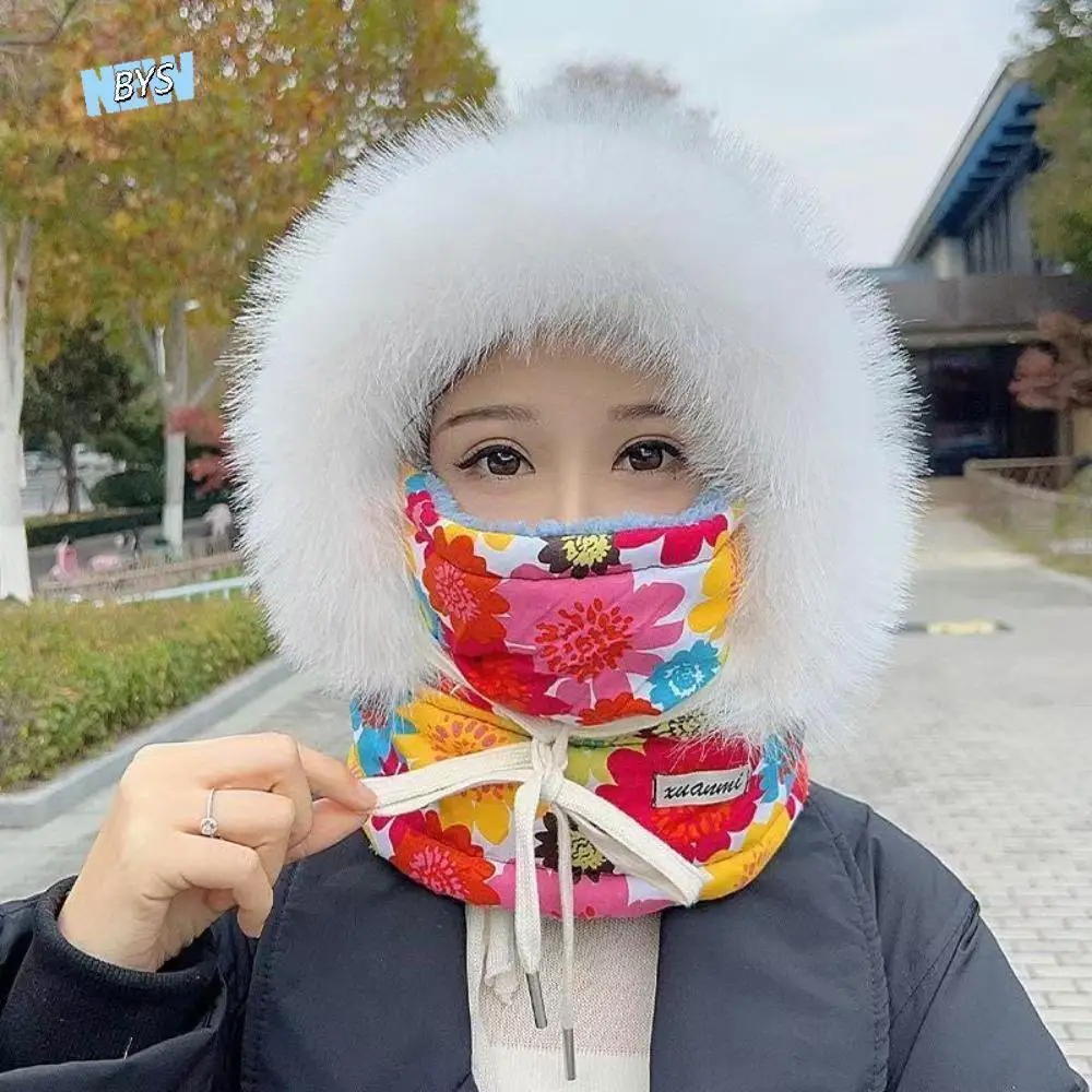 

Windproof 3-in-1 Winter Cycling Hat Flower Print Plaid Warm Scarf Face Mask Neck Warmer Cold Resistant Lei Feng Hat Women