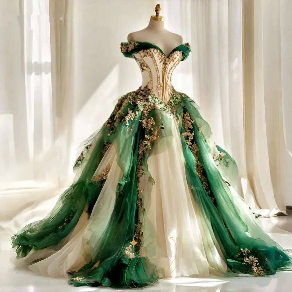 Pastrol Champagne And Green Fantasy Wedding Dress Ruffle Ball Gown Lace Appliques Off-Shoulder Fairytale Bridal Gowns Customized