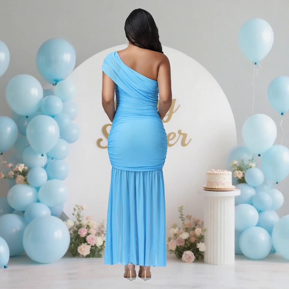 Maternity One Shoulder Sleeveless Dress Rouched Bodycon Side Split Party Evening Gown for Photoshoot Baby Shower
