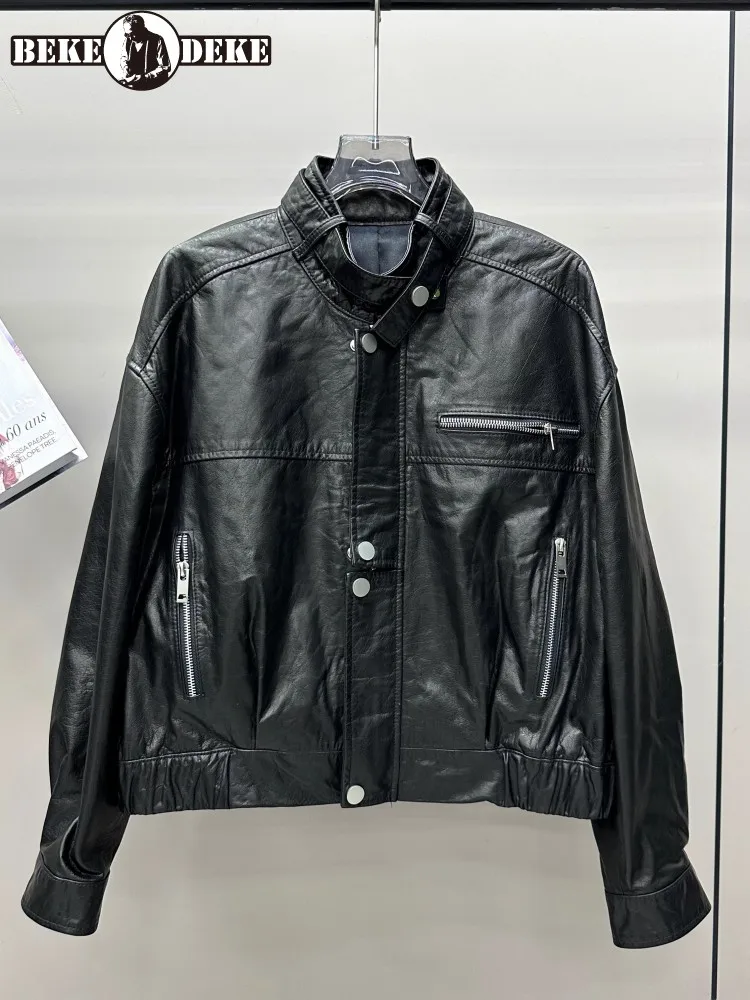 Streetwear Punk Women Stand Collar Oil Wax Cowhide Motorcycle Jacket Vintage Zipper Loose Fit Autumn Genuine Leather Short Coat