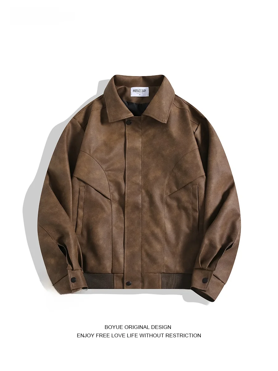 

Boyue Autumn Winter Vintage Brown Leather Jaet Workwear Motorcycle Collar Pure Color High Street Biker Coat Men's Faion