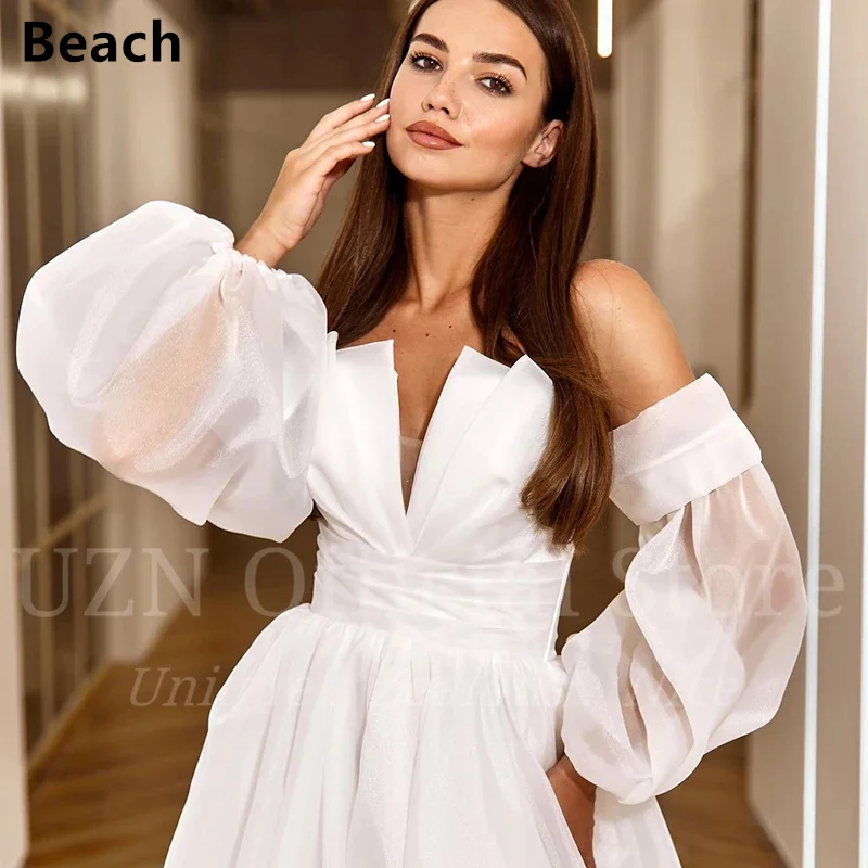 Vestidos de novia elegantes de línea a para playa, vestidos de novia blancos con manga abullonada, corsé en la espalda, vestidos de novia bohemios de noche para playa 2023