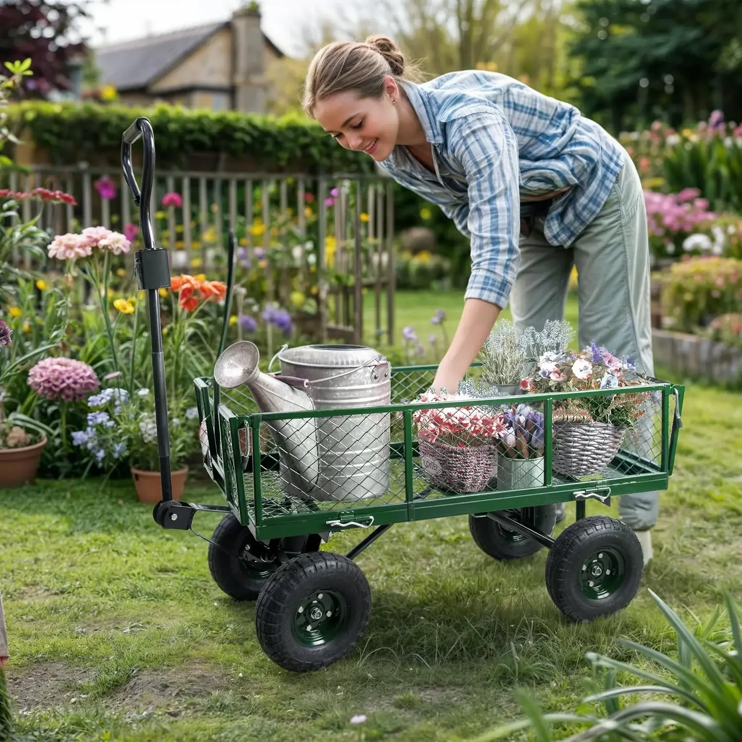 Heavy Duty 600 Lbs Capacity Mesh Steel Garden Cart Folding Utility Wagon with Removable Sides and (4) 10 Inch Wheels (Green)