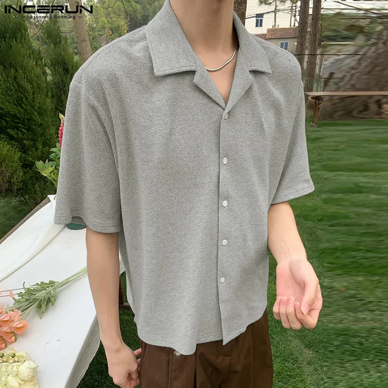 

INCERUN Tops 2024 Korean Style Men Casual Loose Shoulder Lapel Shirts Stylish Well Fitting Male Solid Short Sleeved Shirts S-5XL