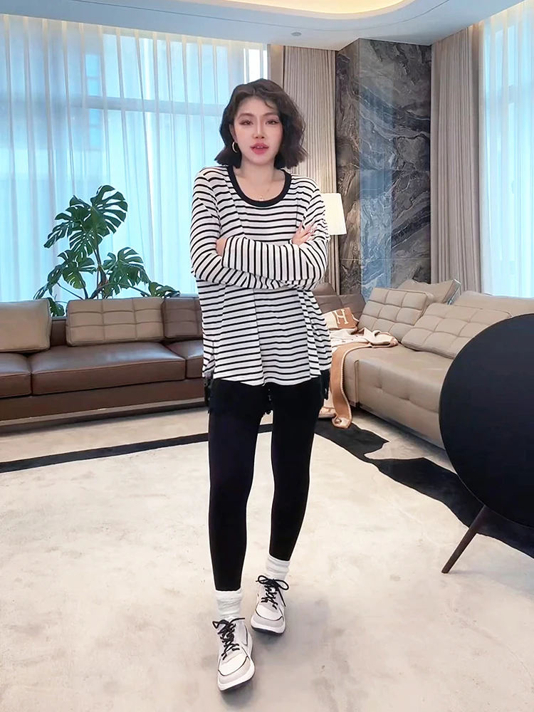 

Faionable Striped High Elastici T-irt Mixed Lenzing Modal And Spandex round Ne Long Sve Comfortable Ice Sensation ...