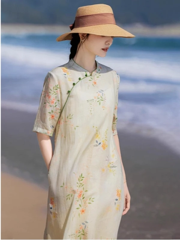 Elegancka damska bawełniana sukienka z nadrukiem, stójką, zapinana na guziki, w stylu modyfikowanego qipao, nowa letnia, do pracy, miękka, średniej długości, długa spódnica.