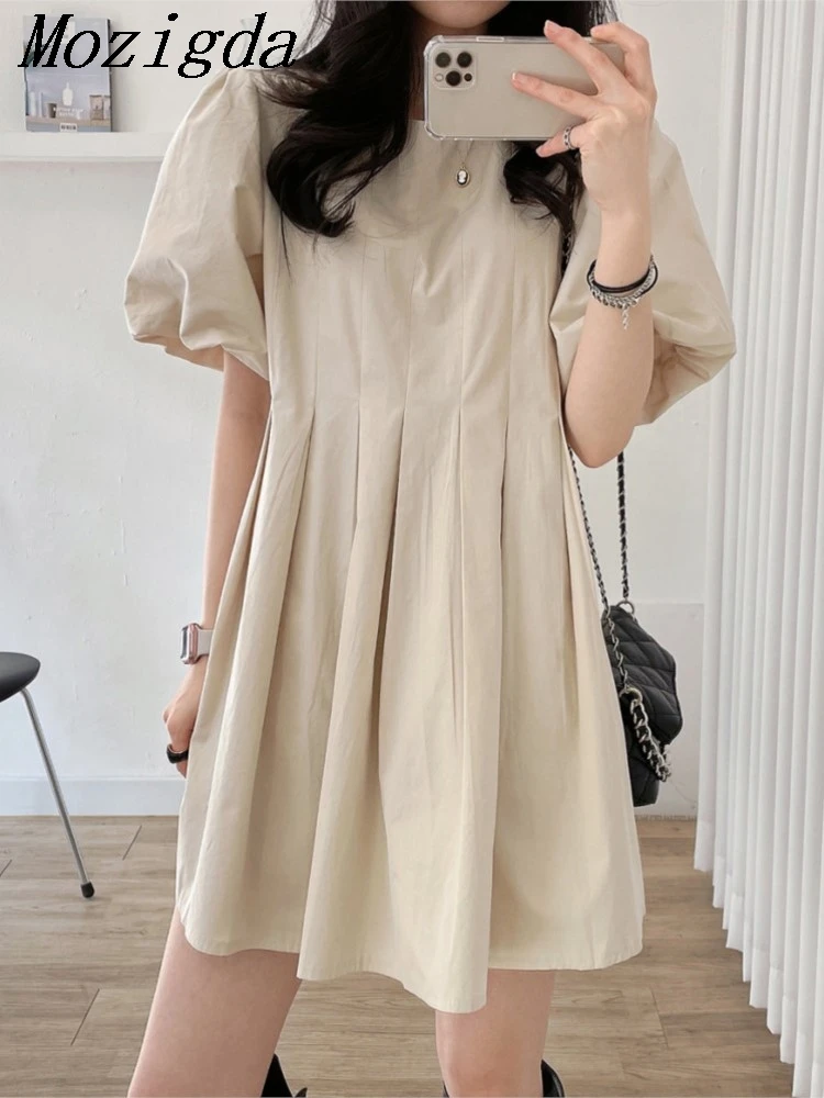 

Summer Mini Dress Women Ruffle Fashion Lantern Short Sleeve Ladies Dresses Korean Style Loose Pleated Casual Woman Dress