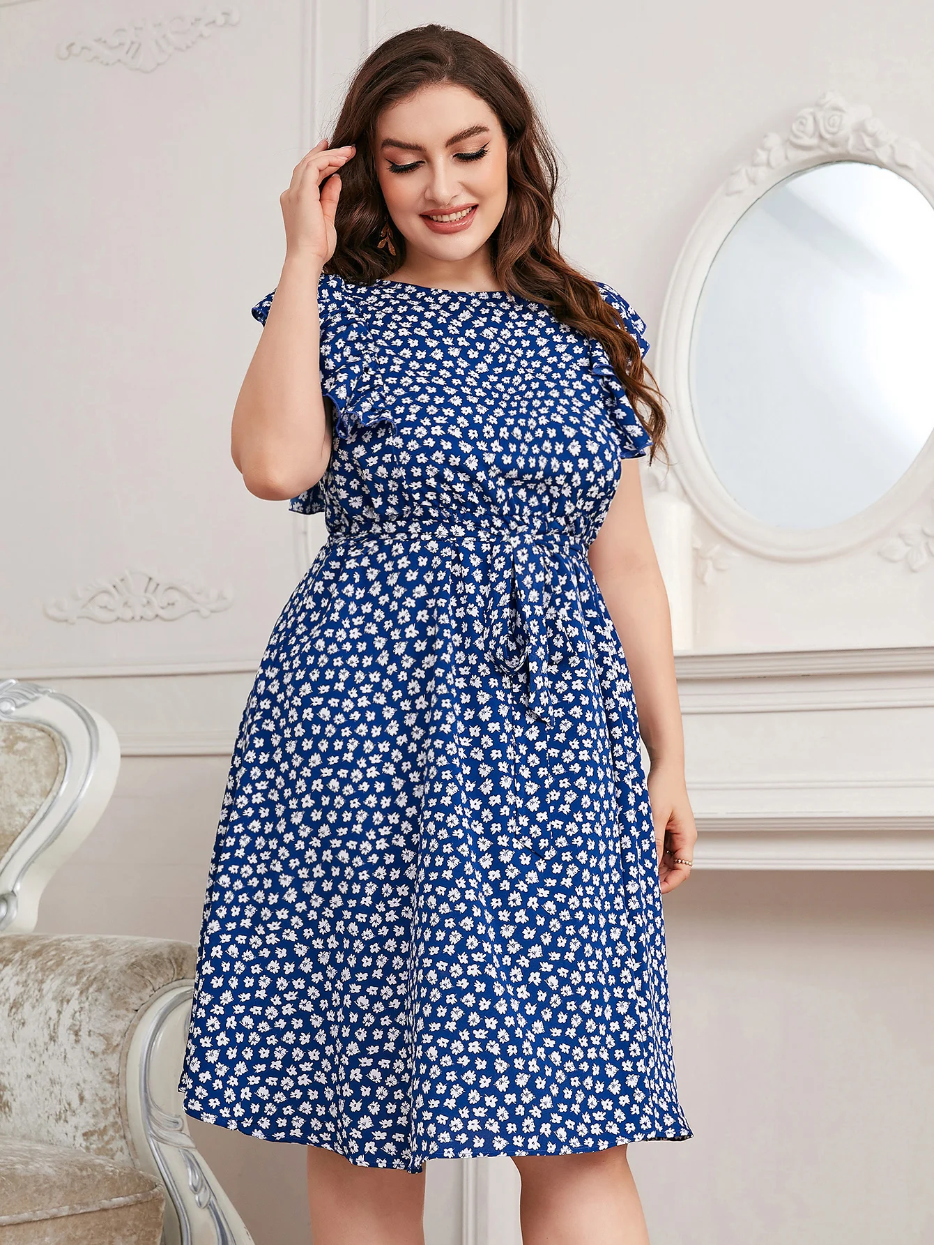 Della Mel Elegant Plus Size Women Clothing Midi Dress Casual Blue Short Sleeves A-Line Floral Print Big Size Party Long Dresses