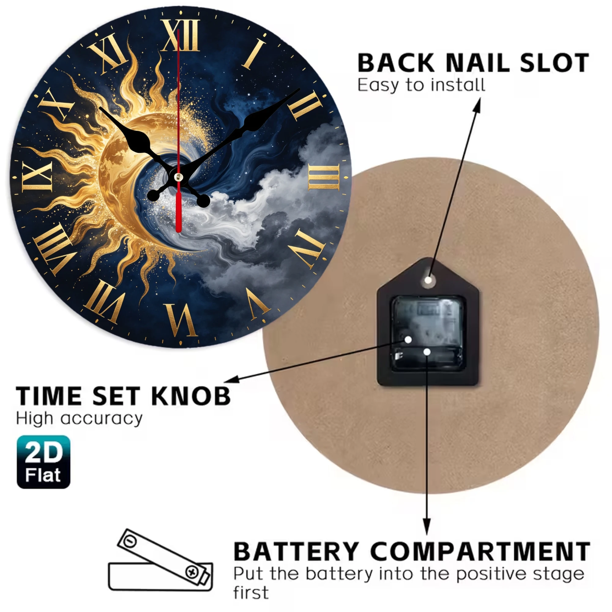 Celestial Sun and Moon Swirl Wooden Wall Clock, 10/12 Inch Round Wood Clock, Silent Non Ticking Quartz Movement, Golden Sun Silver Moon Printed Home Decor