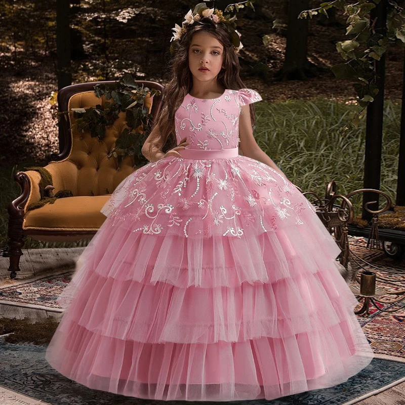 

New 6-14 year old girl pink high waisted lace dress girl princess dress wedding flower girl grenadine sleeveless dress