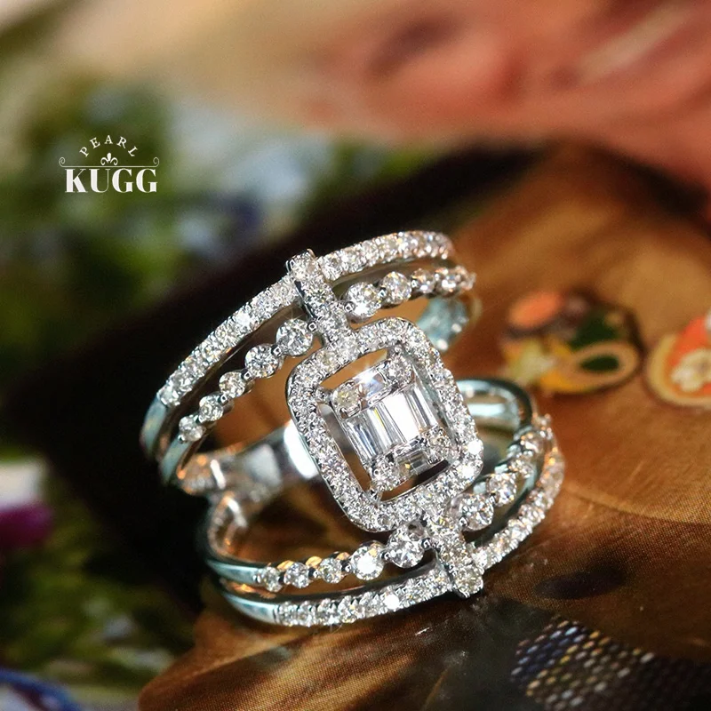 

KUGG 100% 18K White Gold Rings Luxury Elegant Style 0.85carat Real Natural Diamond Cocktail Ring for Women Senior Banquet