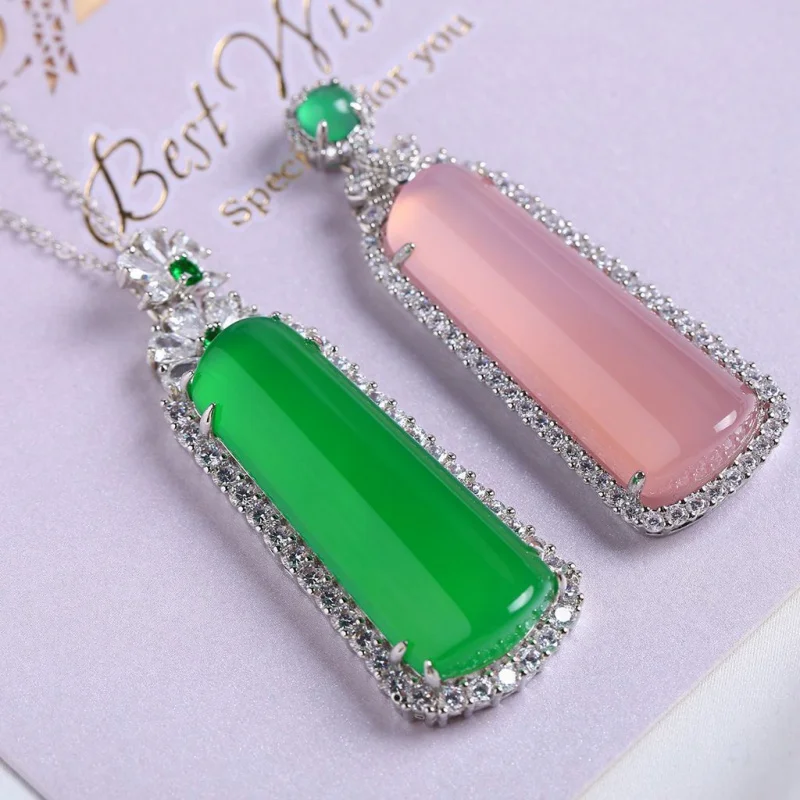 

925 Chalcedony Pendant Green Chalcedony Trapezoidal Card with Necklace Chalcedony Inlaid Pendant Live Supply Chain Manufacturer