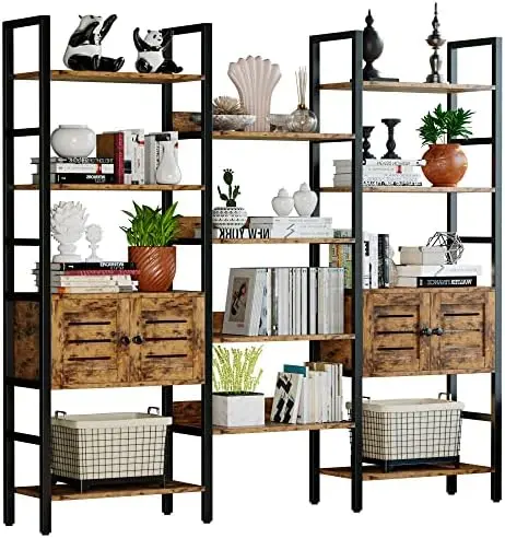 Industrial Bookshelf and Bookcase with 2 Louvered Doors 5 Tiers Triple Wide Display Shelf with Storage Cabinet for Living Room H