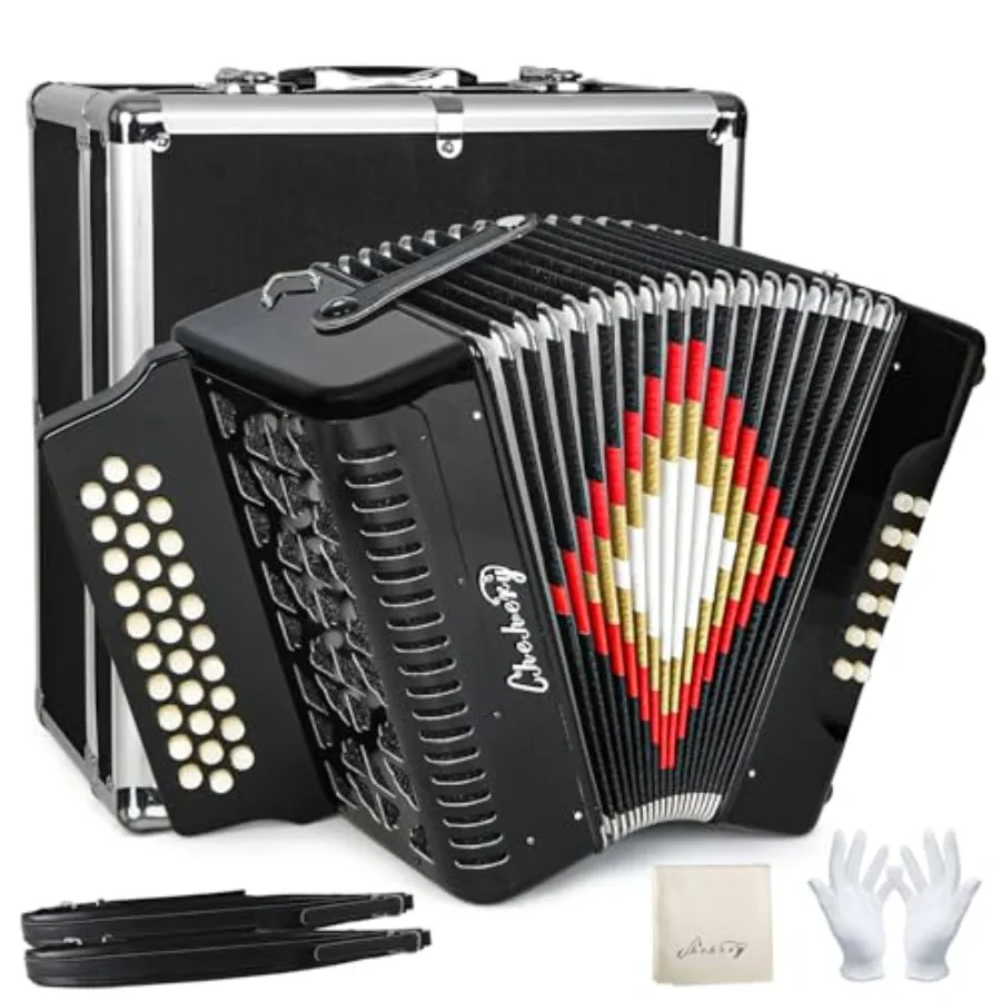 

Accordion 31 Key 12 Bass Push-Pull Diatonic G/C/F Tone for Adults Beginner Folk Stage Practice with Case Strap Gloves Wipe Blac
