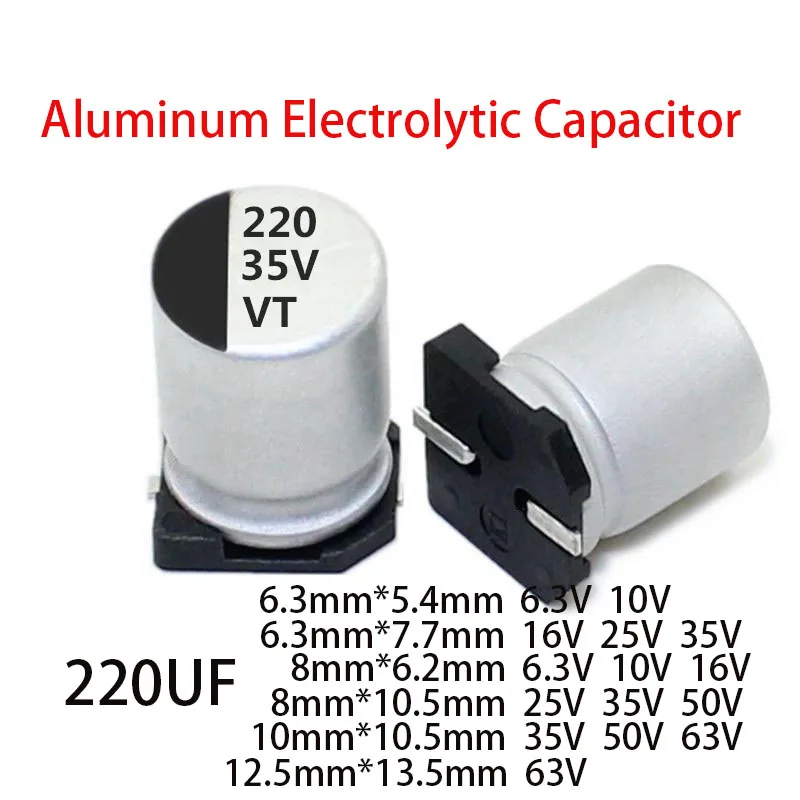 20 SZTUK/PARTIA 220UF SMD Aluminiowy Kondensator Elektrolityczny 6.3V 10V 16V 25V 35V 50V 63V 6.3X5.4 6.3X7.7 8X6.2 8X10.5 10X10.5 220UF