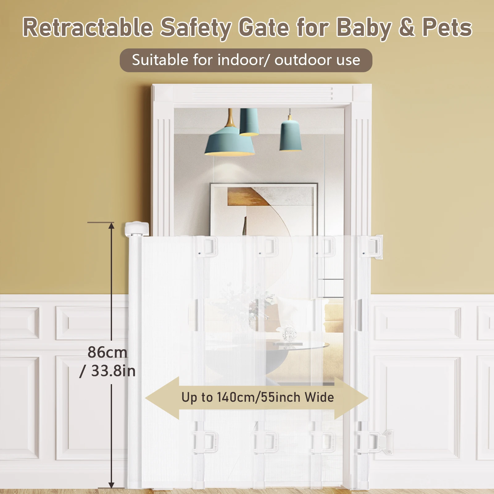 Retractable Baby Gate Indoor/Outdoor Safety Gate for Kids Pets Mesh Fence 33.8 Inch Tall Extends to 55 Inch Wide Safety Barrier