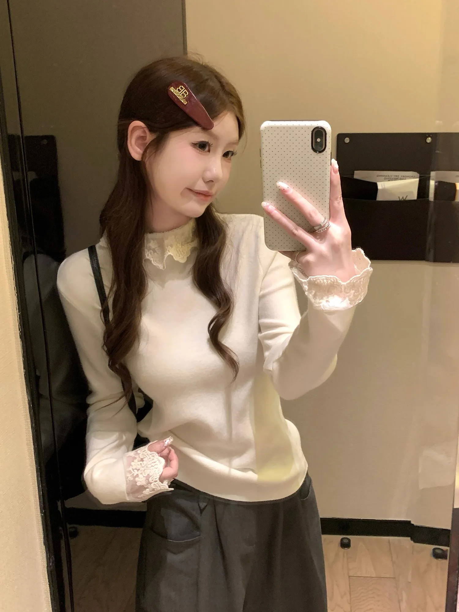 

Корейский Sle с мягкой кружевной отделкой, трикотажная основа High Ne, женский осенне-зимний меховой пуховый свитер с внутренней стороны, красивый свитер