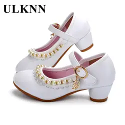 ULKNN Kids Shoes Girls Sandals Ruffles Pink White Fille Shoes Pearl Soft Leather Female Sandal Children Princess Dress Shoes