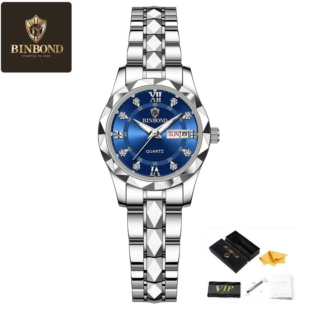 BINBOND Women's Watch Fashionable and Trendy Night Light Waterproof Watch Display Date and Wee Women's Light Luxury Quartz Watch