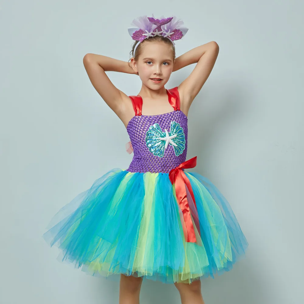 Children Rainbow Color Mermaid Starfish Printed Puffy Tulle Tutu Dress With Shell Headband Outfit Ocean Theme Holiday Party Wear