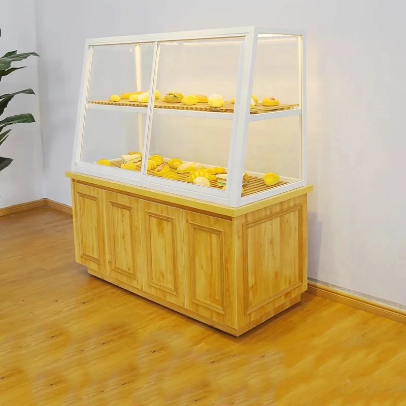 custom.Mushen Luxury Bakery Showcase Forest Modern Cake Rack with Wooden Bread Shelf Tempered Glass and Metal LED L