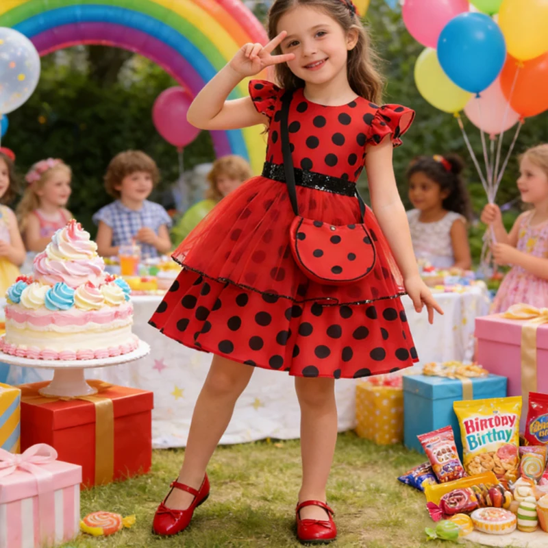 

Костюм на Хэллоуин для маленьких девочек, красное платье принцессы в горошек, маленький жучок, детский карнавальный костюм на день рождения, Хэллоуин, комплект одежды