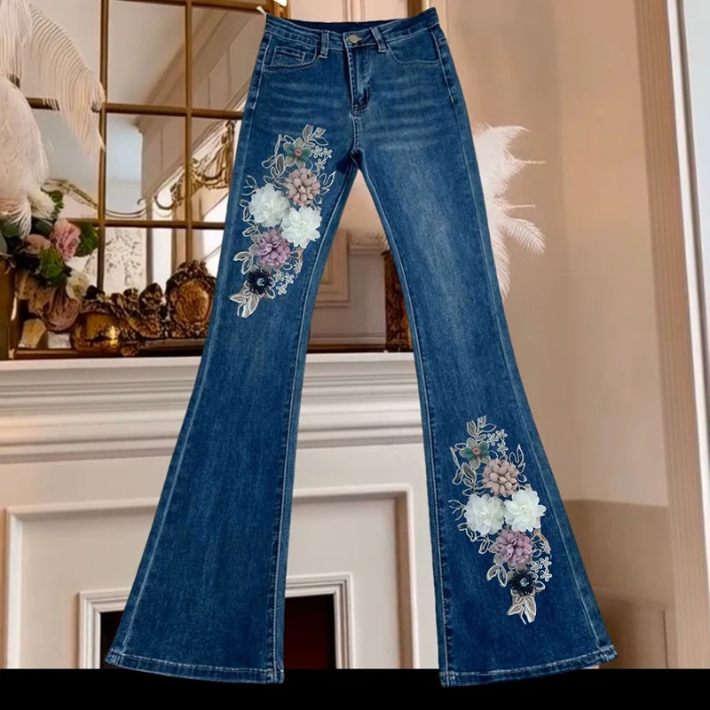 

Retro high waisted micro flared jeans for women in autumn 2025 slim fit floral decoration elastic horseshoe flared pants