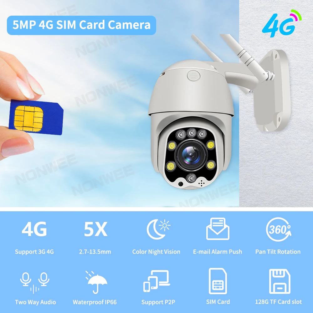 5MP Security Protection Wireless IP Camera 3G 4G SIM GSM Video Surveillance Speed Dome IR Night Vision CamHi APP