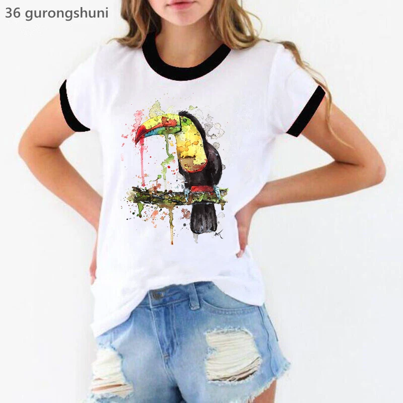 

Watercolor Bird Portrait Print Tshirt Girls Cockatoo Toucan T Shirt Women'S Clothing Funny White T-Shirt Female Harajuku Shirt