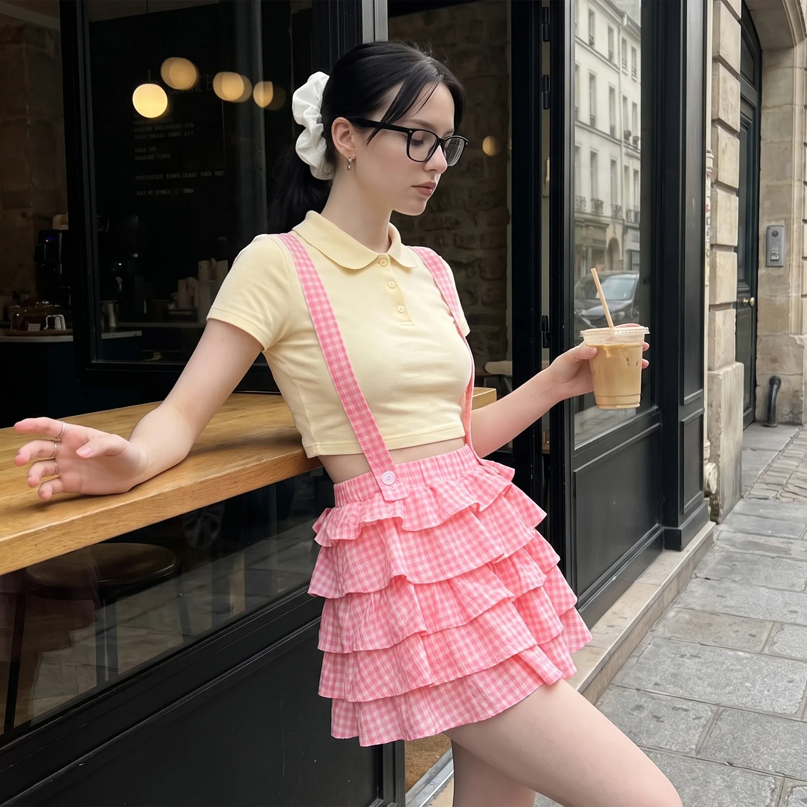 Women Mini Plaid Print Suspender Skirts Elastic Waist A-line Short Layered Ruffled Skirt for Daily Outing Party Club