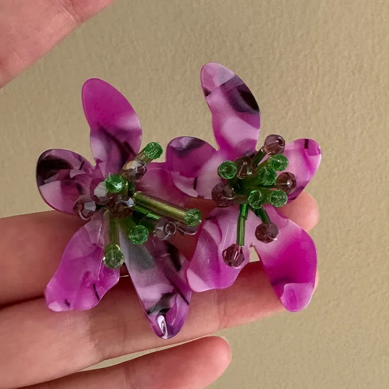 New Exaggerated Foreign Gas Resin Smudged Flower Beaded Woven Earrings Fashionable Temperament with Jewelry Earrings for Women