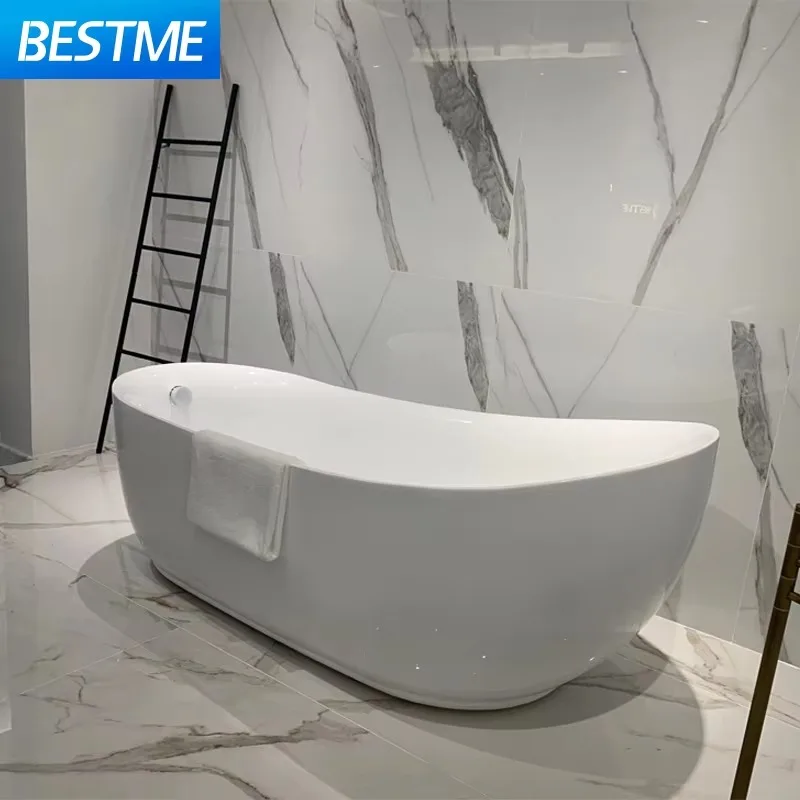 Hotel Family Use Simple White Design Indoor Center Drain Acrylic Freestanding Soak Bathroom Spa Bathtub European Style Bathtubs