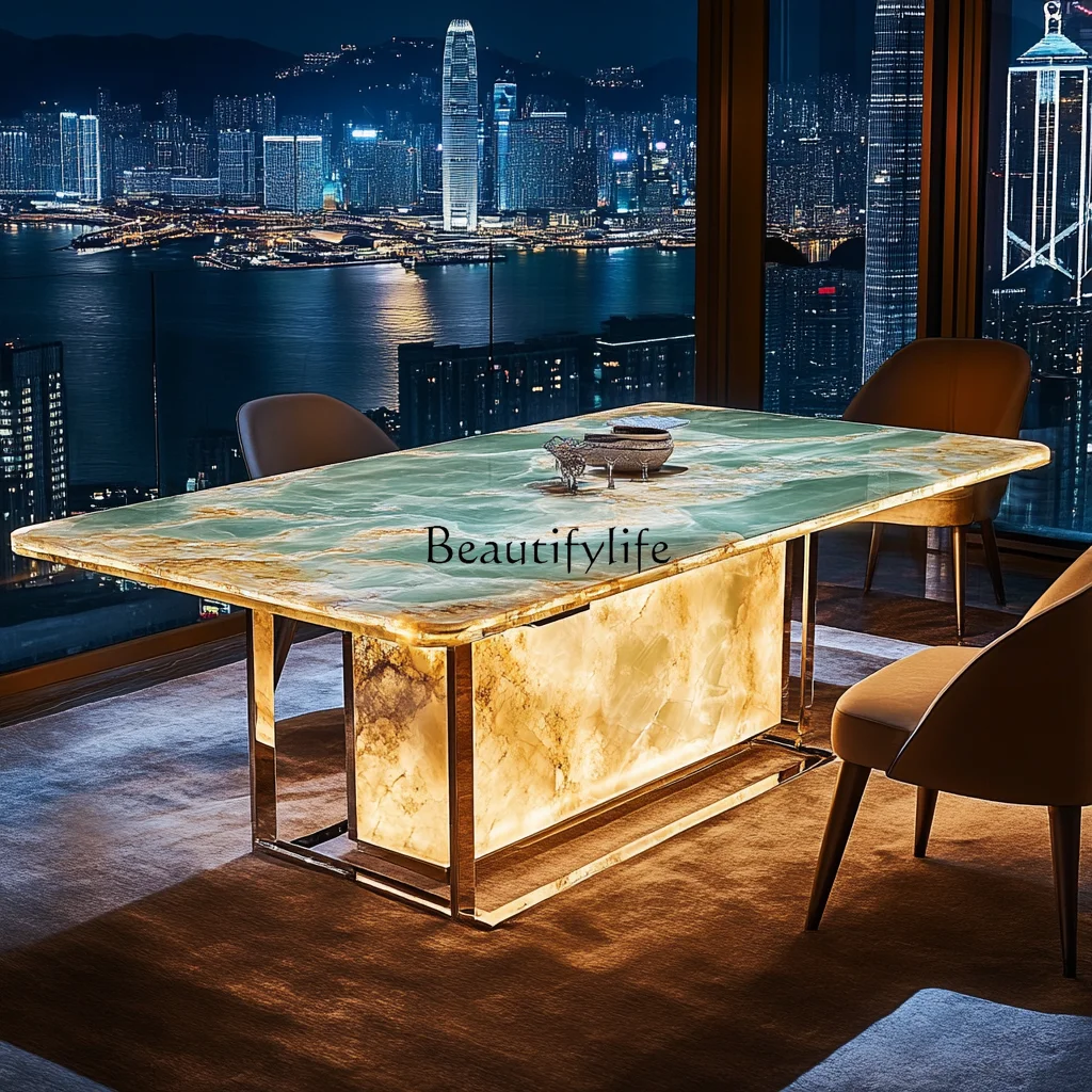 01Luminous square luxury stone dining table light luxury style marble jade customization