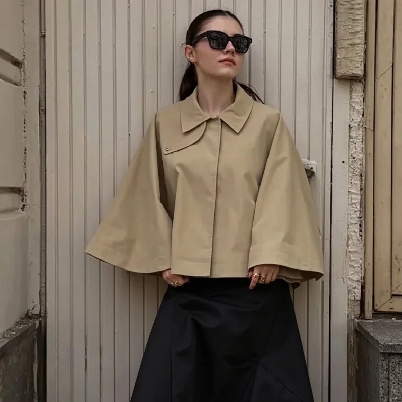 Women Batwing Sleeve Cropped Cape Point Collar Loose Fit Snap Button Poncho Coat 2026 Autumn Elegant Casual Ladies Outerwear