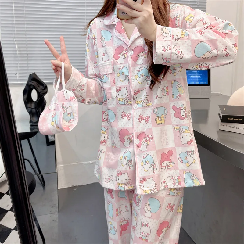 

Kawaii sanrio HelloKitty Women Pajamas Spring Autumn Sweet Little Twin Stars Cartoon Cotton Long Sleeve Pants Students Home Wear