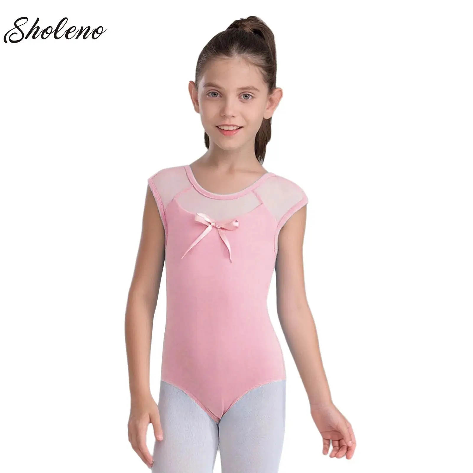 

Girls Teen Ballet Leotard Bow Mesh Splice Gymnastics Leotards Ballet Dance Bodysuit Black Sleeveless Children Ballet Costumes