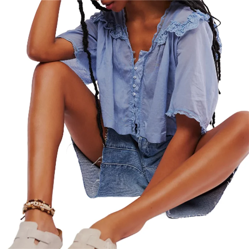 

AOAO-Women Y2K See Through Peplum Shirt Ruffle Lace Trim Buttons Tops Short Sleeve Doll Collar Babydoll Blouse