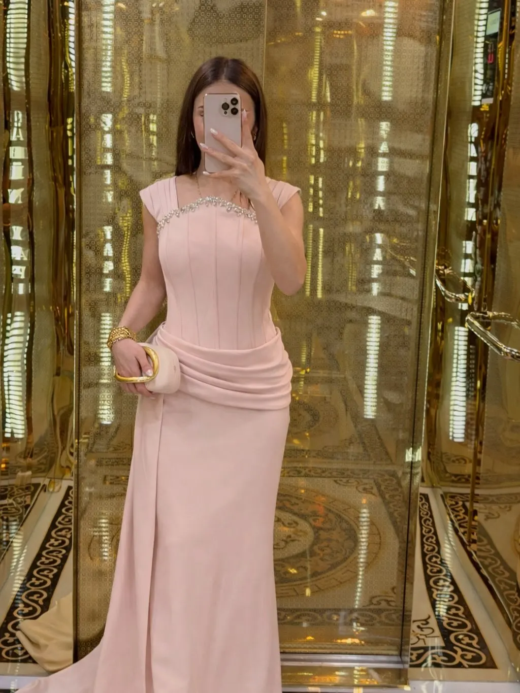 Pink Satin A-Line Evening Dress V-Neck Off-Shoulder