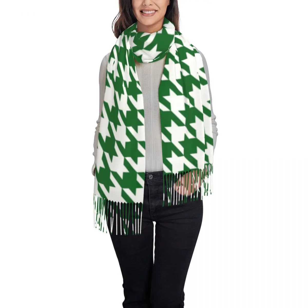 Green Houndstooth Geometric Scarf Wrap for Women Long Winter Warm Tassel Shawl Unisex Classic Retro Scarves