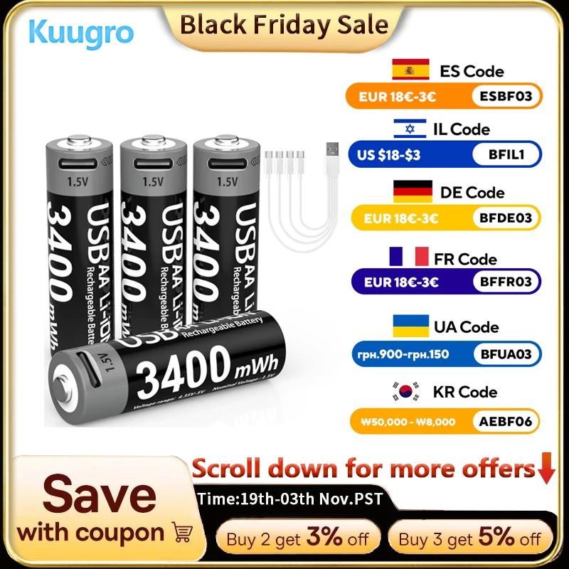 

Kuugro USB AA 1,5 В 3400 МВтч литиевая аккумуляторная батарея Type-C зарядка для микрофона пульт дистанционного управления мышь умный дверной замок