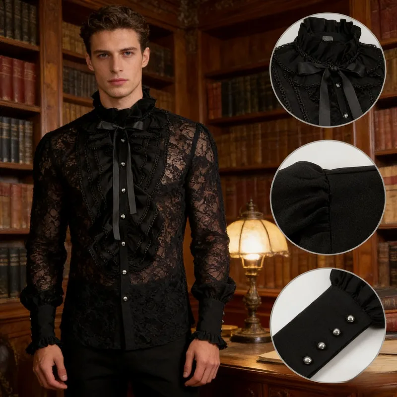 

Мужская рубашка с рюшами в средневековом стиле в стиле стимпанк, викторианская блузка, топ, готическая мода