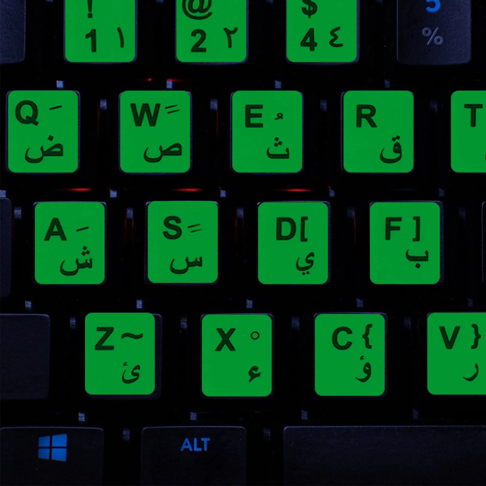 1Sheet Glow-in-The-Dark Keyboard Sticker Set Arabic English Bilingual Letter Decals for Laptop Desktop Universal Fit Night Light