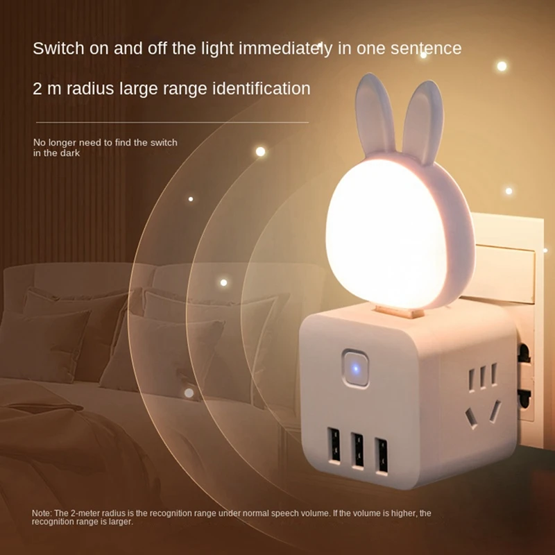2 pçs lâmpada de leitura usb, mini coelho luz noturna, voz inteligente 3 cores lâmpada de mesa para o quarto das crianças rosa fácil de usar